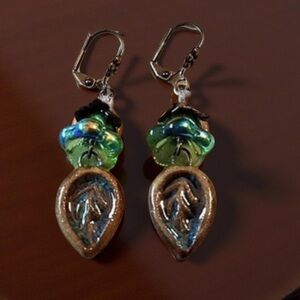 Handcrafted earrings Flower earrings , handcrafted leaf and vintage glass beads